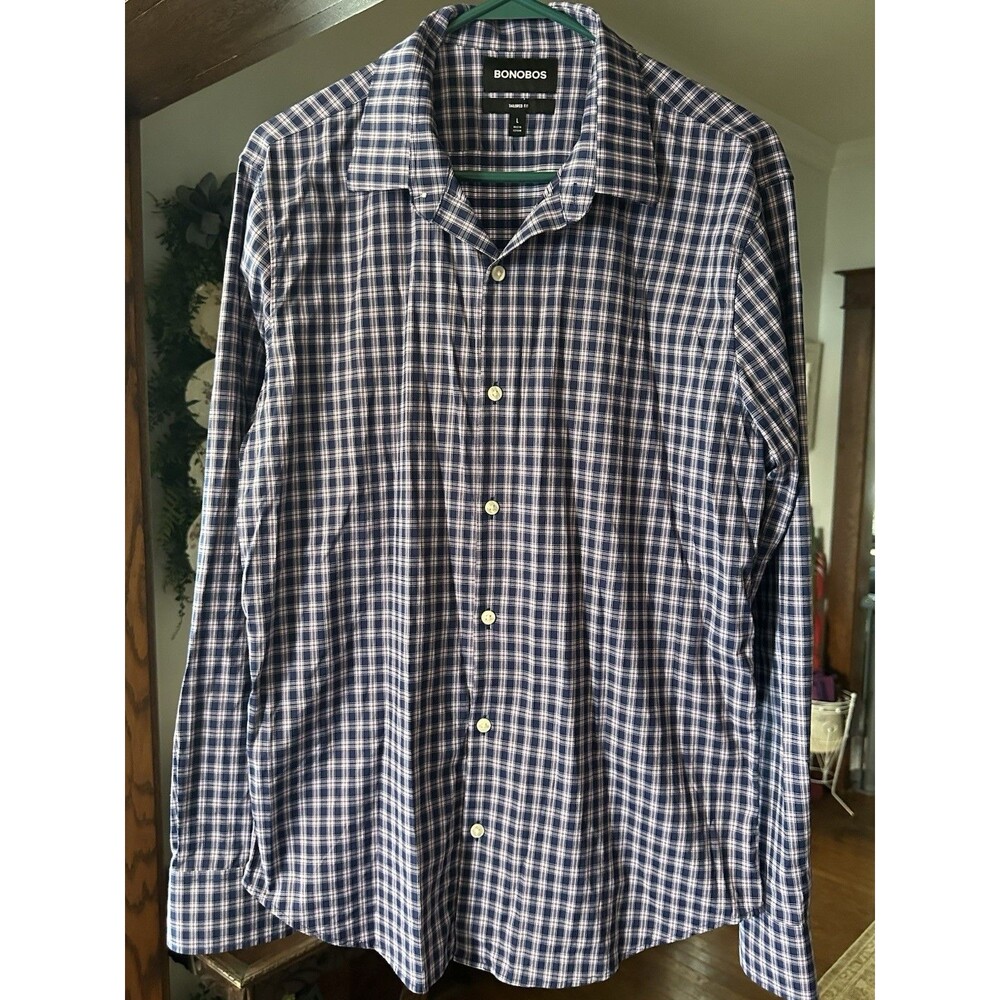 Bonobos Tailored Fit Plaid Shirt Blue White L Long Sleeve Button-Up